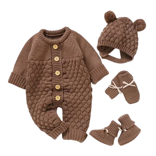 Comfy Knit Set - Romper, Beanie, Mittens & Booties