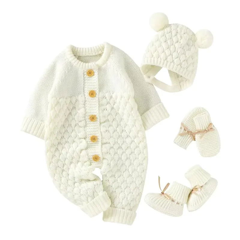 Comfy Knit Set - Romper, Beanie, Mittens & Booties