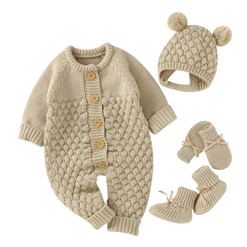 Comfy Knit Set - Romper, Beanie, Mittens & Booties