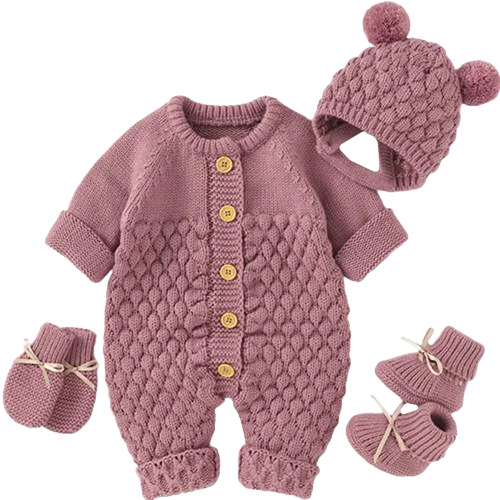 Comfy Knit Set - Romper, Beanie, Mittens & Booties