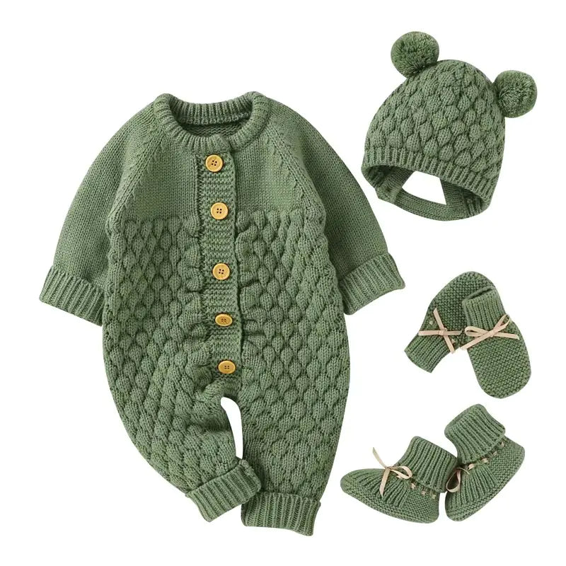 Comfy Knit Set - Romper, Beanie, Mittens & Booties
